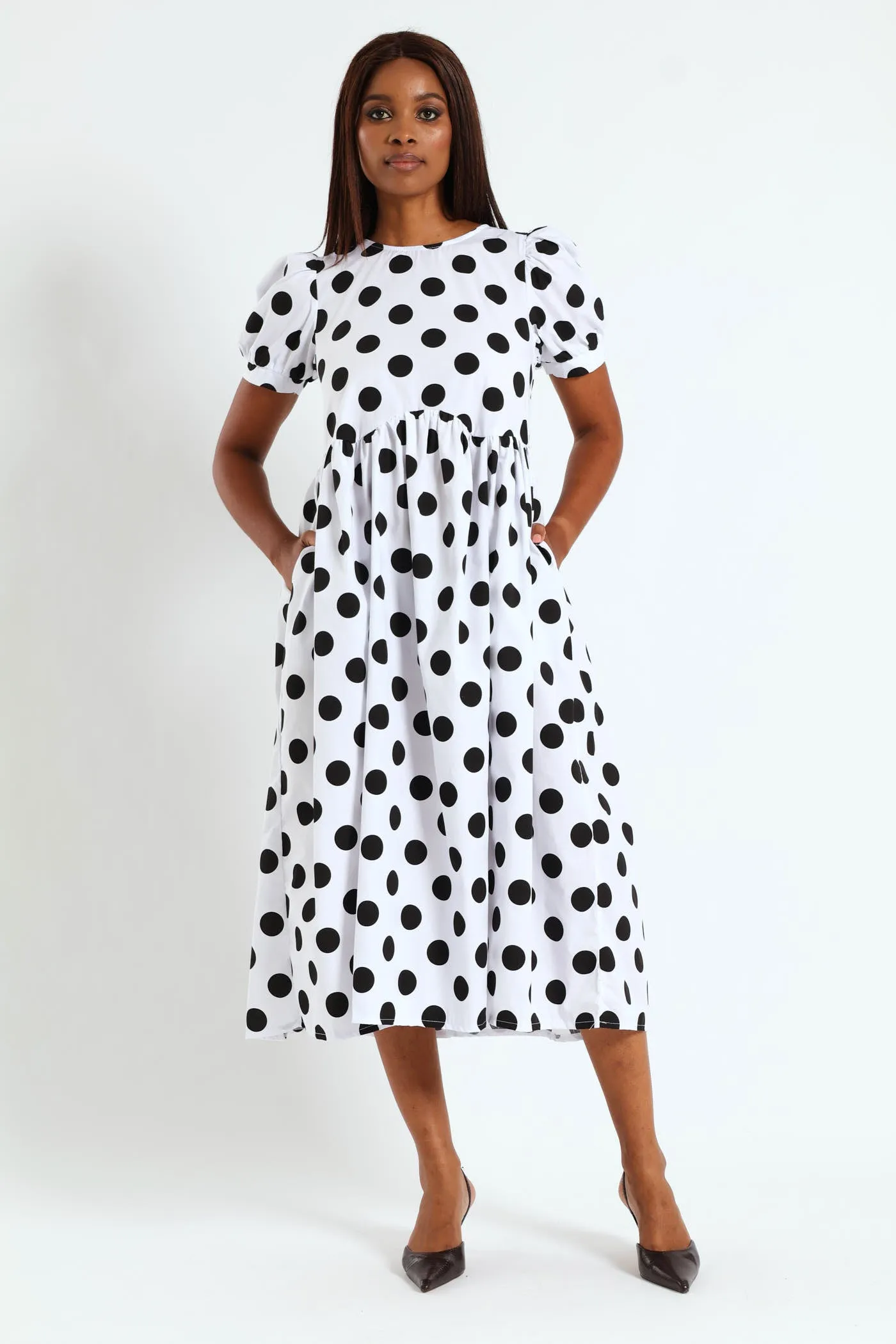 Puff Sleeve Polka Dot Poplin Midaxi Dress - White/Black sold by Edgars product image thumbnail 2