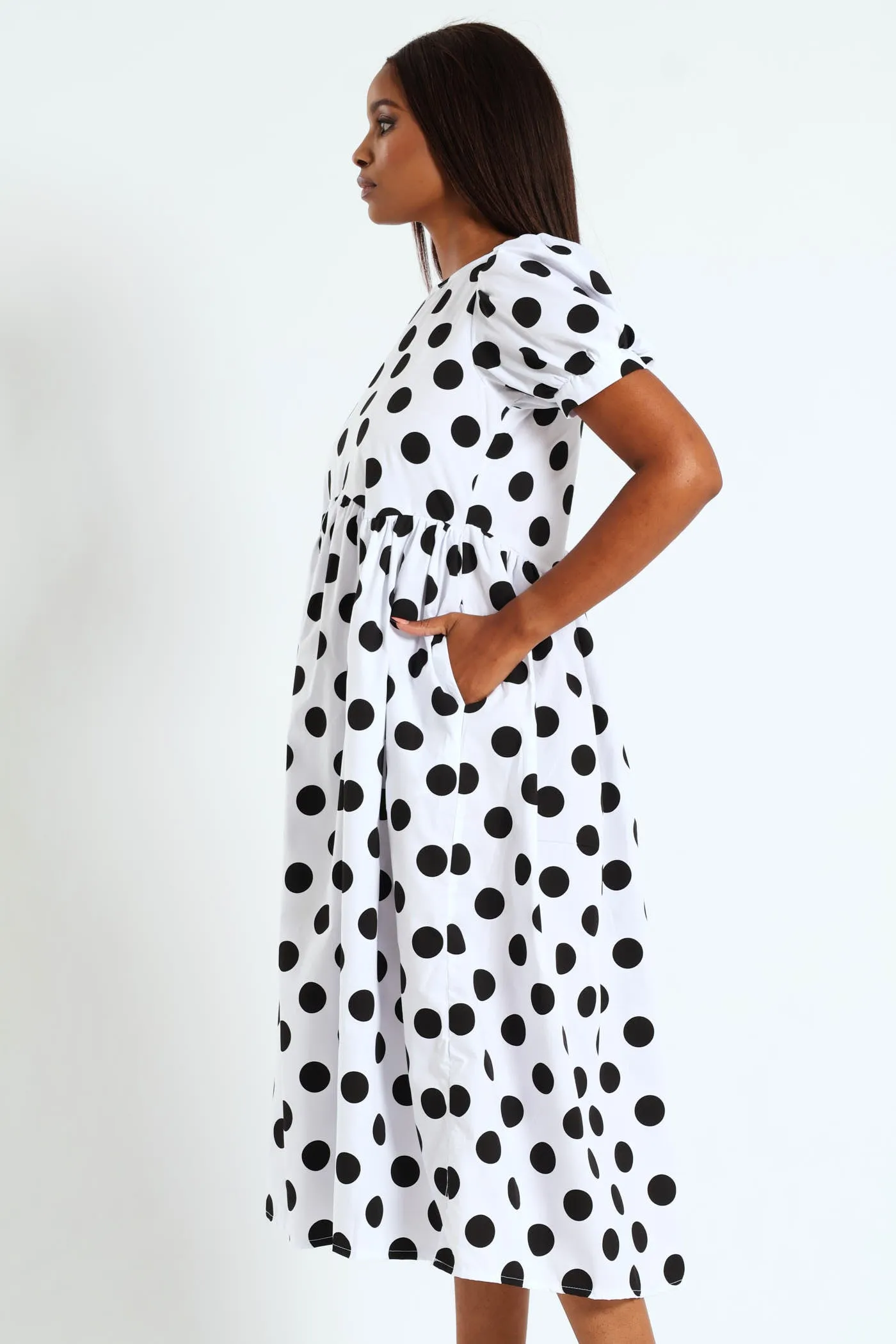 Puff Sleeve Polka Dot Poplin Midaxi Dress - White/Black sold by Edgars product image thumbnail 3