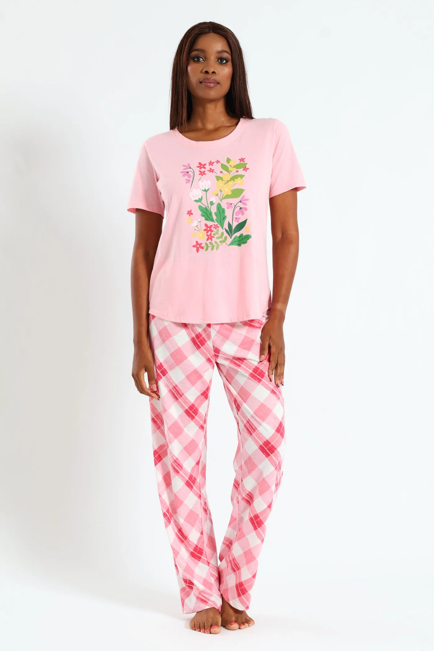 Floral Check Knit Top & Pant Set - Pink sold by Edgars