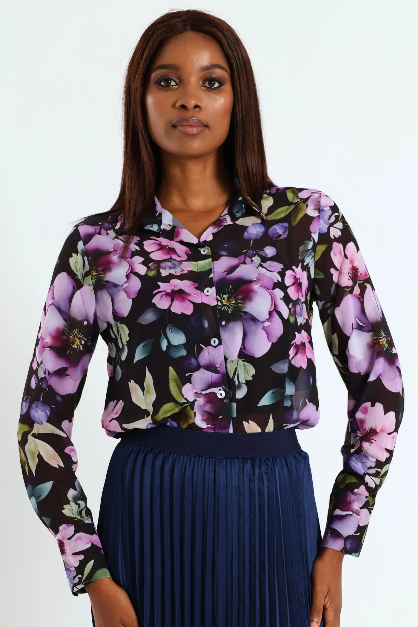 Hydrangea Floral Chiffon Shirt - Black sold by Edgars