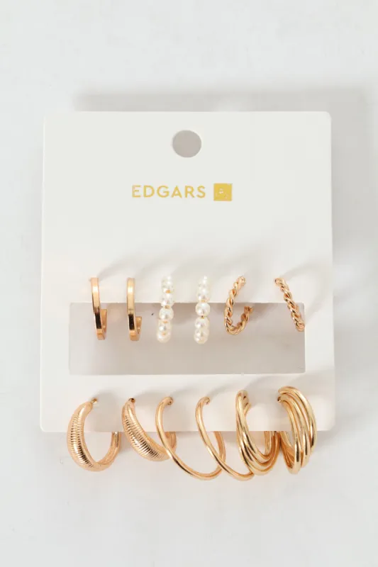 6 Pack Gold & Faux Pearl Hoop Earrings - Gold sold by Edgars 