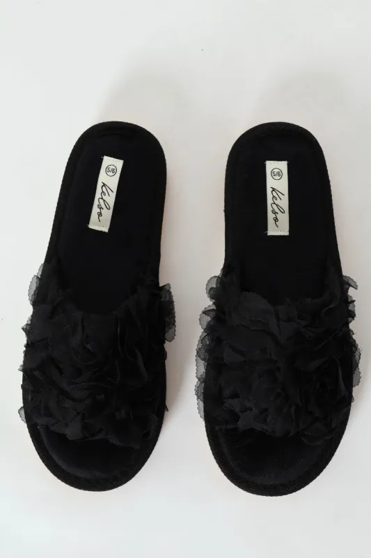 Open Toe Slipper With Floral Upper - Black sold by Edgars