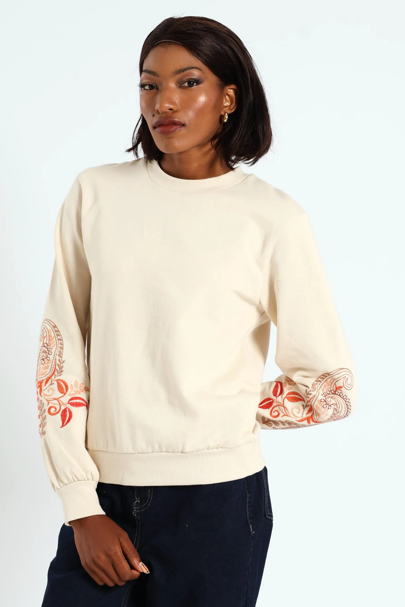 Paisley Embroidered Sleeve Pullover - Fawn sold by Edgars