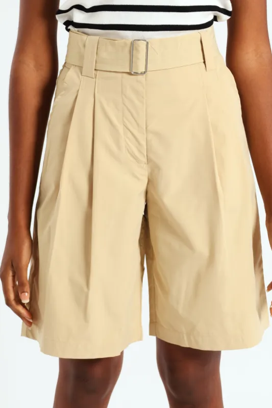 Belted Pleated Structured Bermuda Shorts - Khaki sold by Edgars 