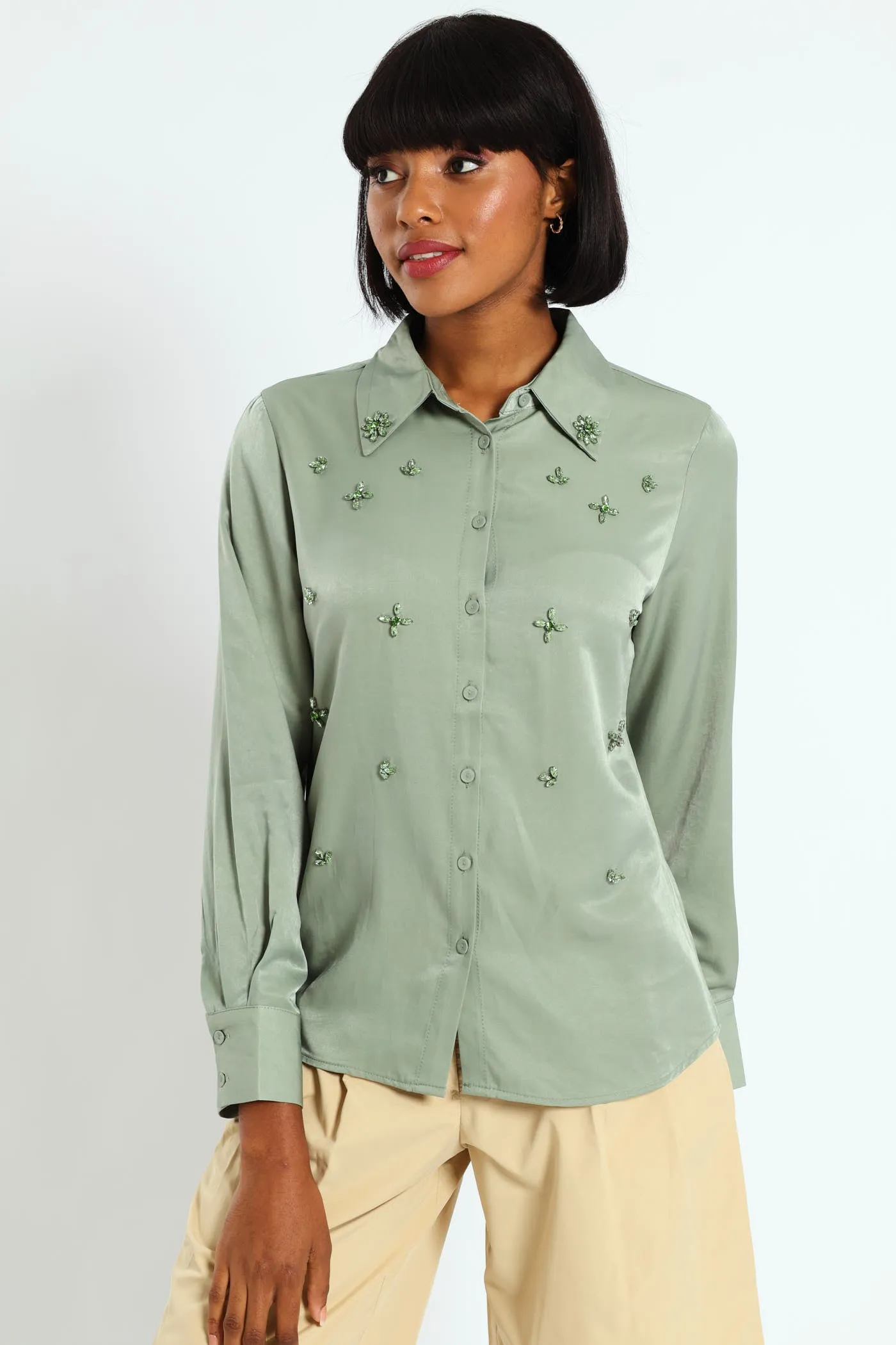 Tonal Jeweled Shirt - Olive sold by Edgars