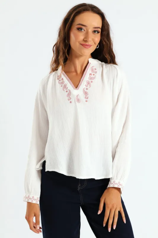 V-Neck Embroidered Peasant Blouse - Off White sold by Edgars