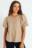 Bubble Sleeve Neck Motif Poplin Top - Dark Beige sold by Edgars