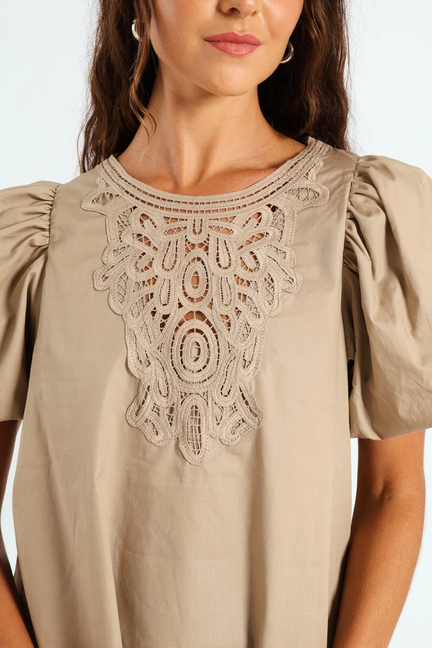 Bubble Sleeve Neck Motif Poplin Top - Dark Beige sold by Edgars product image thumbnail 5