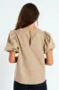 Bubble Sleeve Neck Motif Poplin Top - Dark Beige sold by Edgars
