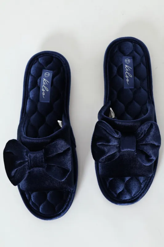 Velour Open Toe Slipper With Bow Detail - Navy sold by Edgars 