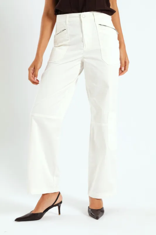 Zip Detail Utility Sateen Wideleg Pants - White sold by Edgars