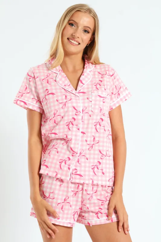 Gingham Bows Button Through & Knit Short Set - White/Pink sold by Edgars
