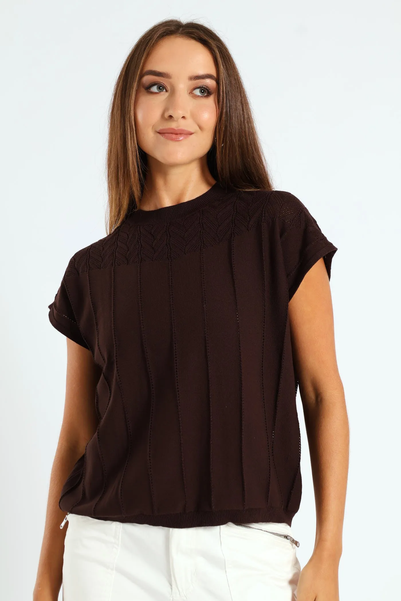 Pointelle Yoke Sweater - Chocolate sold by Edgars