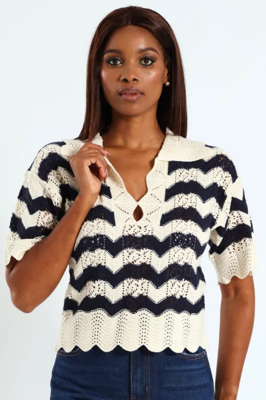 Pointelle Collar Chevron Top - Cream/Navy sold by Edgars