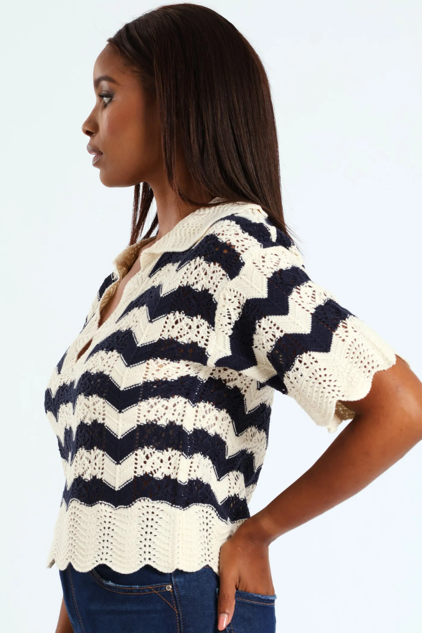 Pointelle Collar Chevron Top - Cream/Navy sold by Edgars product image thumbnail 2