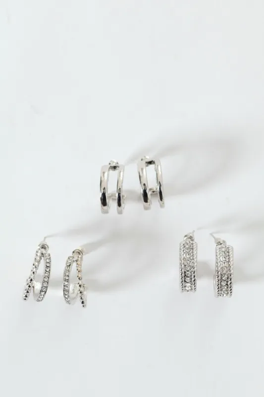 3 Pack Small Diamante Hoop Earrings - Silver sold by Edgars 