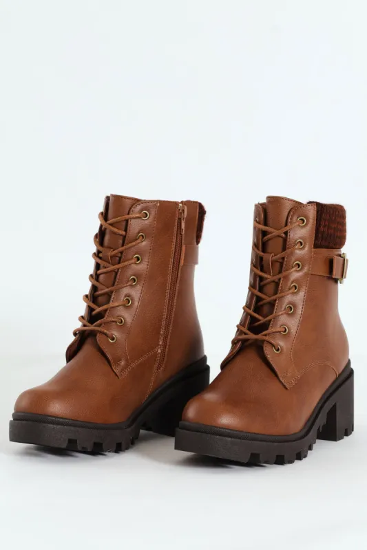 Chunky Military Boot With Sock Detail & Buckle Trim -Tan sold by Edgars