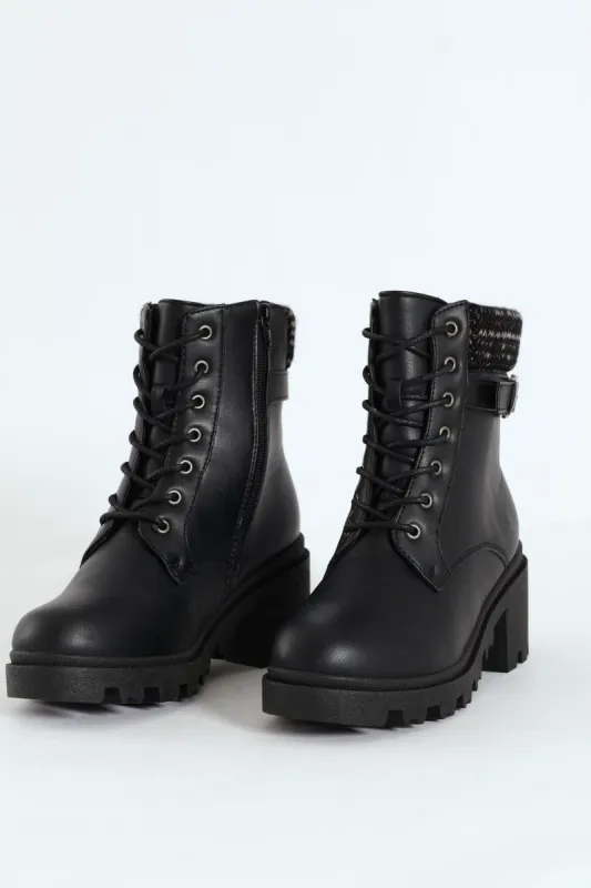 Chunky Military Boot With Sock Detail & Buckle Trim - Black sold by Edgars
