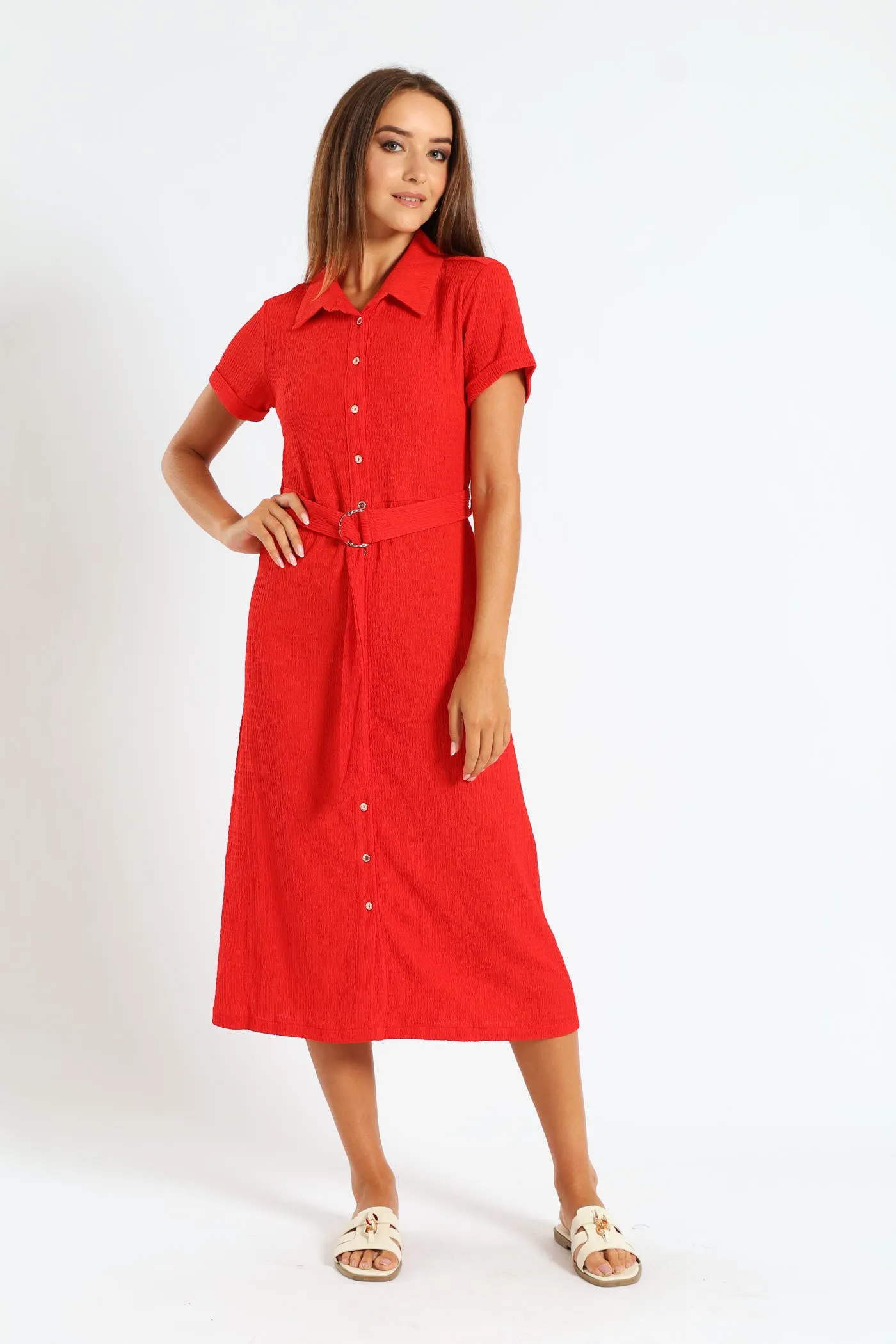 D-Ring Crinkle Midi Shirt Dress - Fiery Red sold by Edgars