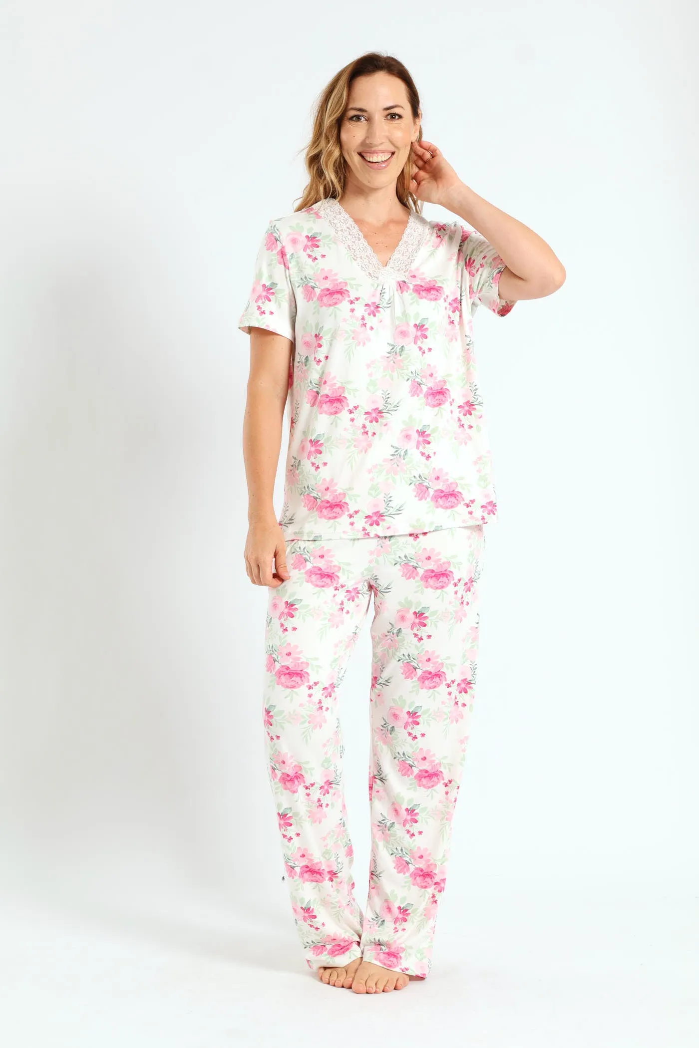Lace Detail Floral Print Top & Pant Set - White sold by Edgars