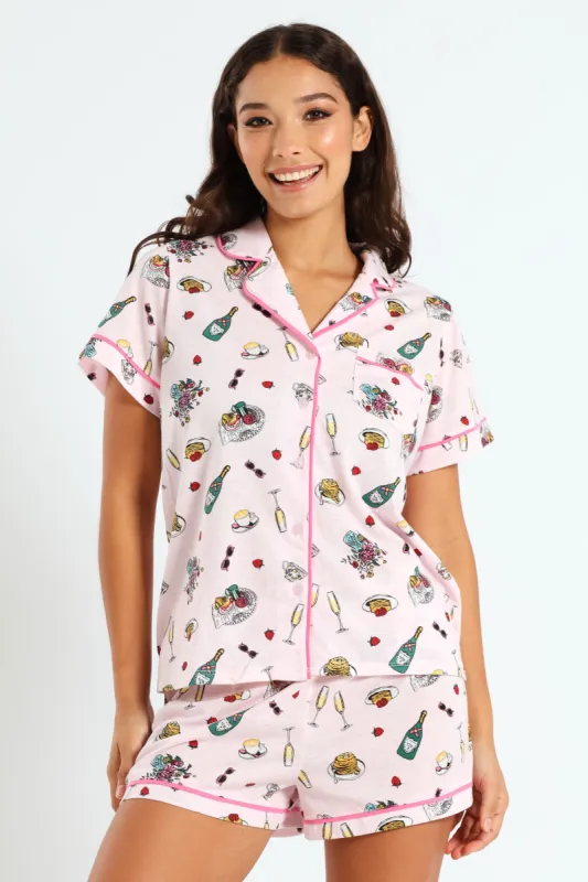 Convo Button Through & Knit Short Set - Pink sold by Edgars