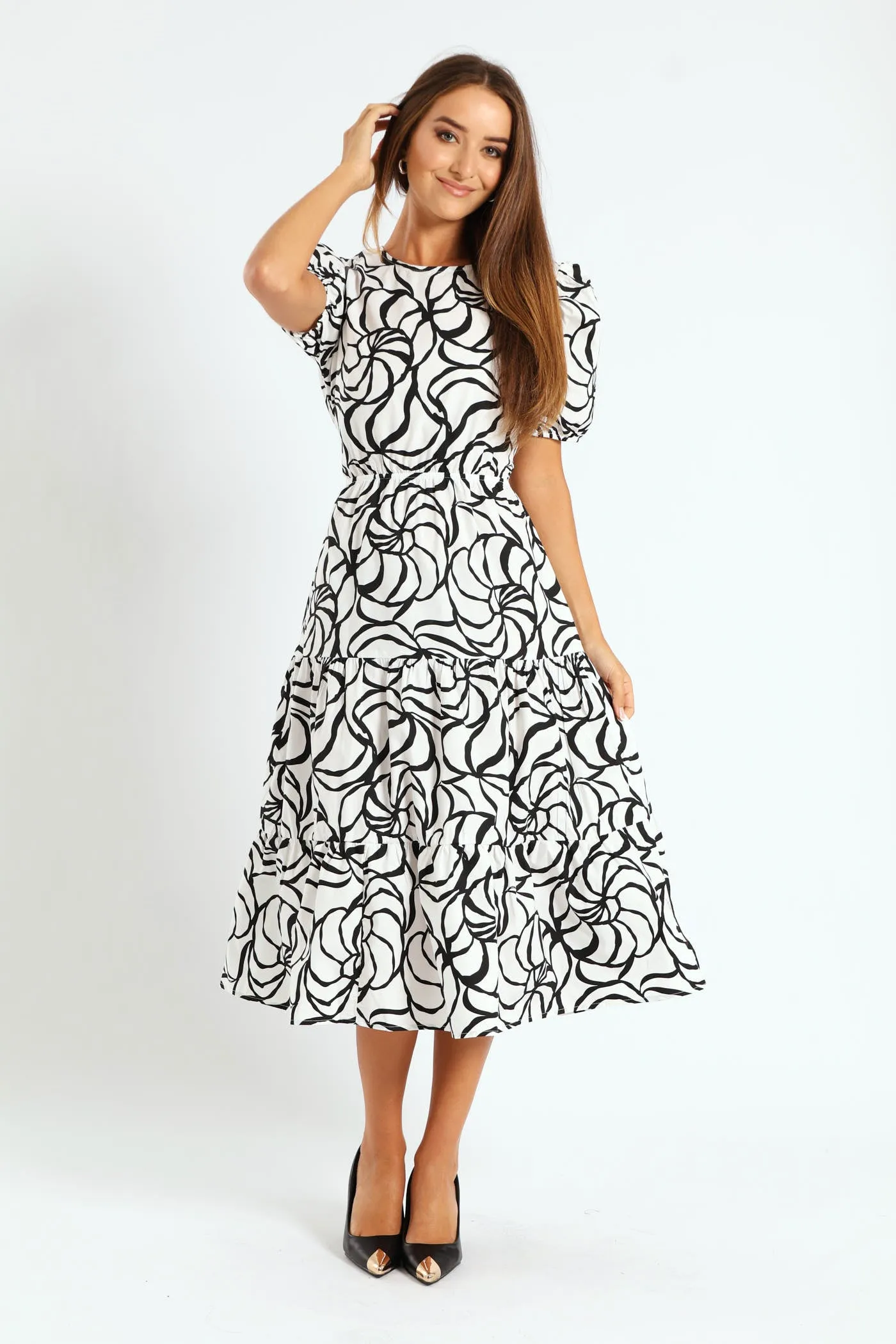 Puff Sleeve Open Back Poplin Tiered Midaxi Dress - Cream/Black sold by Edgars product image thumbnail 3