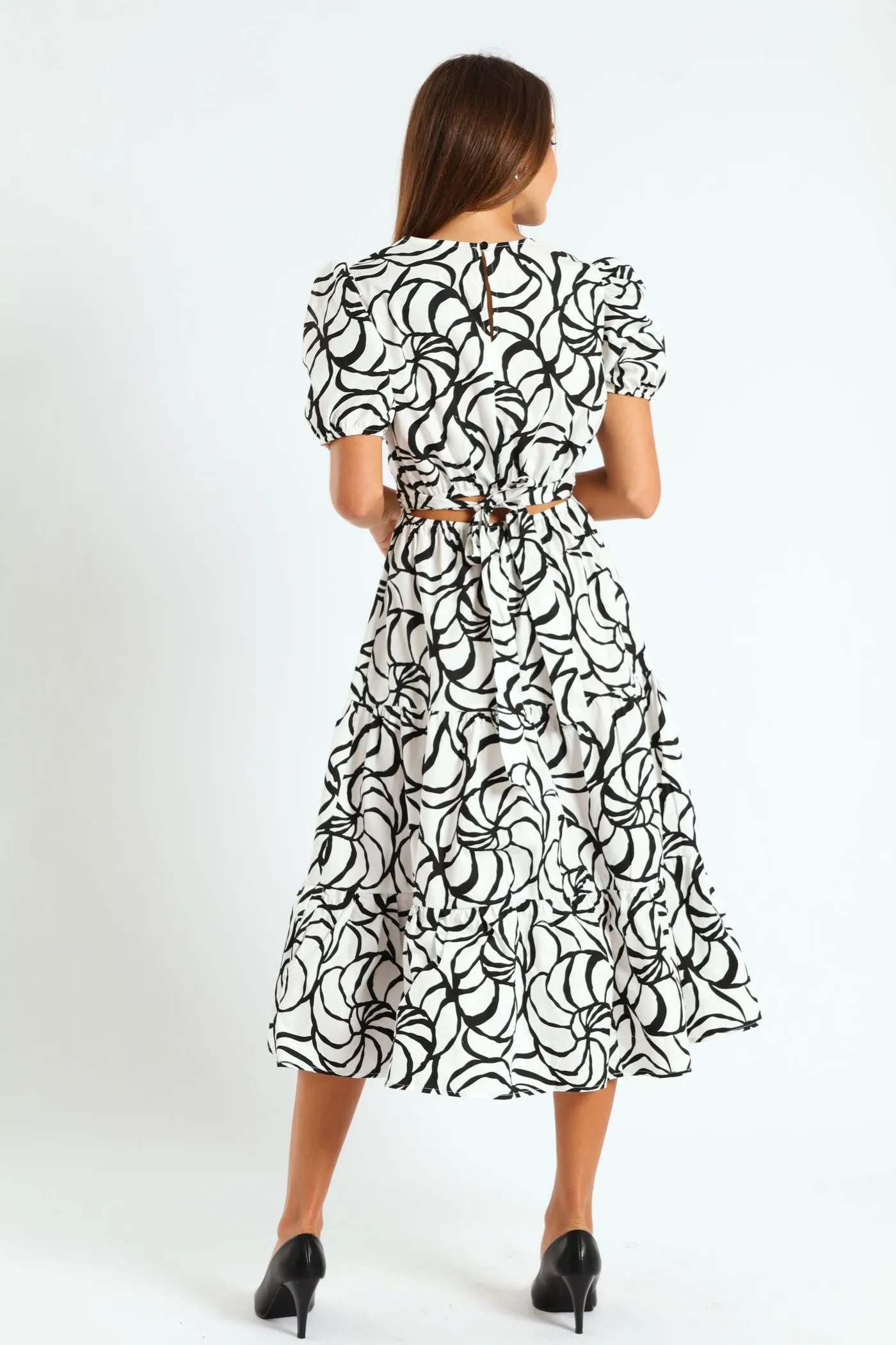 Puff Sleeve Open Back Poplin Tiered Midaxi Dress - Cream/Black sold by Edgars product image thumbnail 2