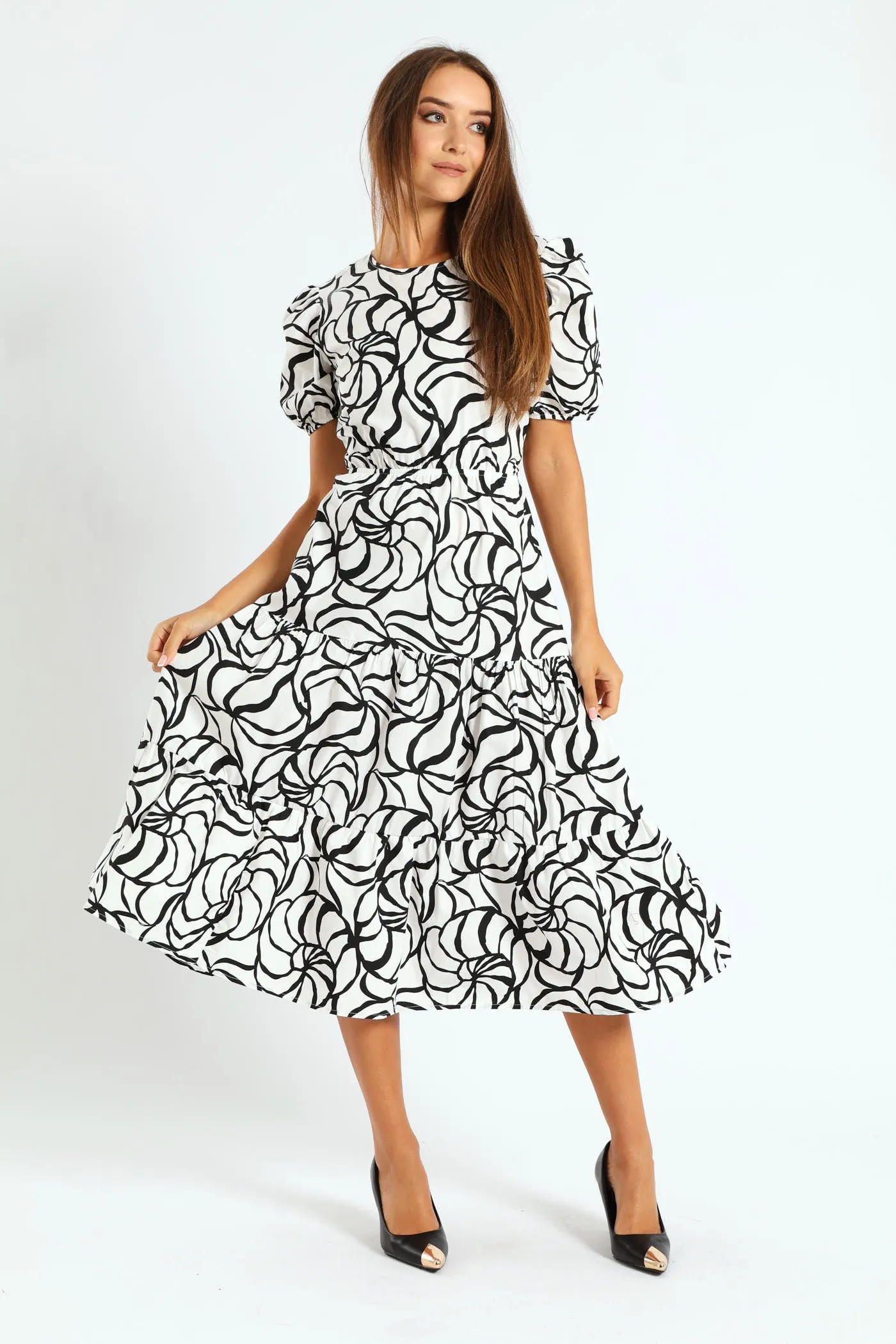 Puff Sleeve Open Back Poplin Tiered Midaxi Dress - Cream/Black sold by Edgars