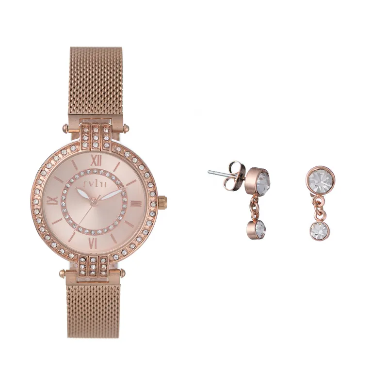 Ladies Rose Gold Stone Case Mesh Watch & Earrings Set sold by Edgars