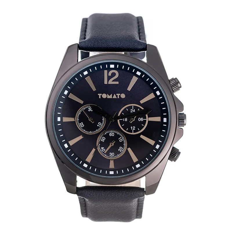 Gents 45mm Gunmetal Case Watch With Navy Blue Dial & Leather Strap sold by Edgars 