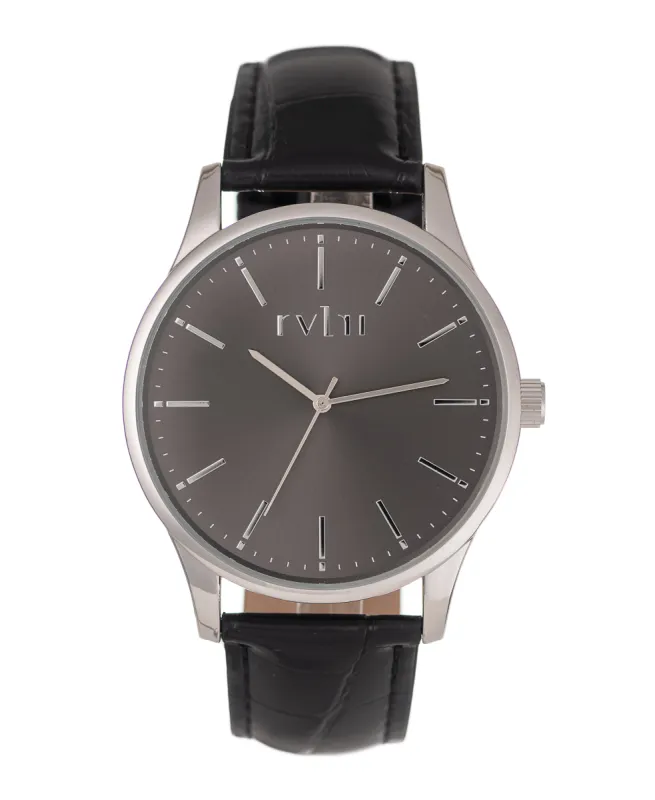 Gents 40mm Silver Case Watch With Black Dial & Band sold by Edgars