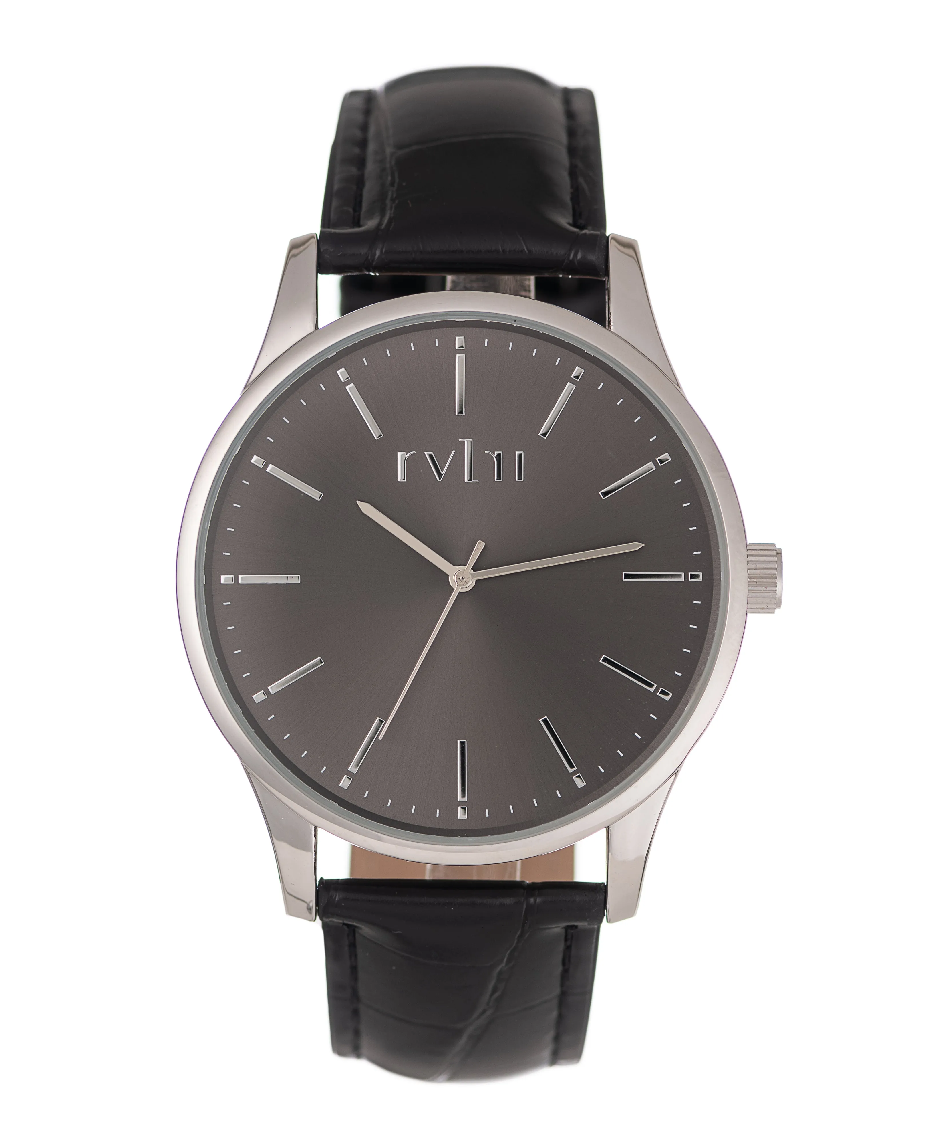 Gents 40mm Silver Case Watch With Black Dial & Band sold by Edgars