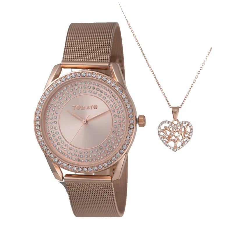 Ladies Rose Gold Mesh Band Watch & Necklace Set sold by Edgars