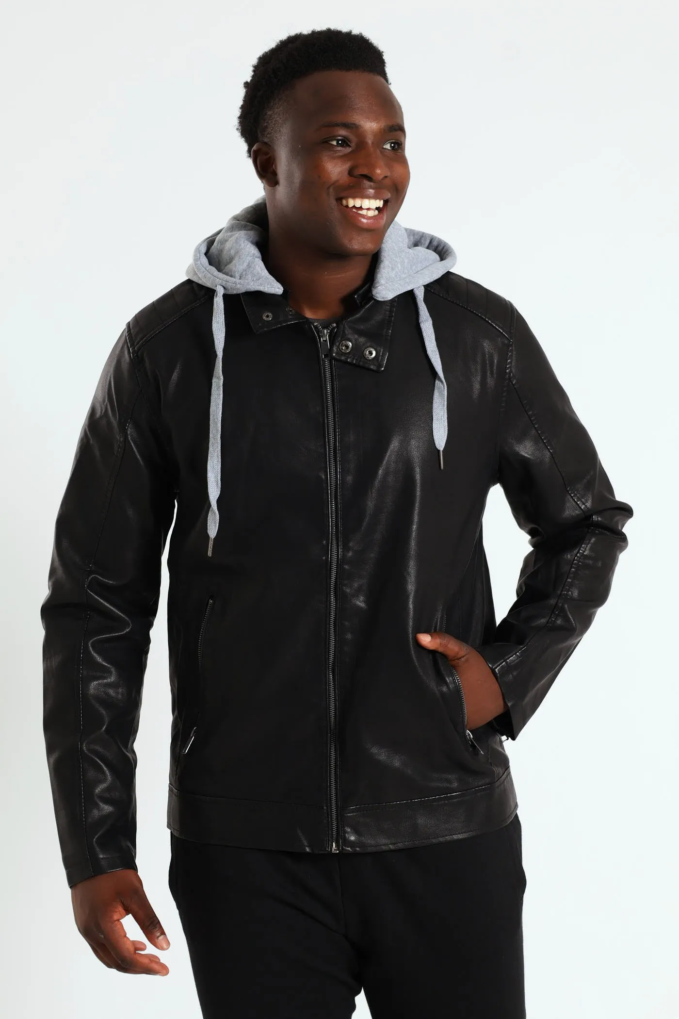 PU Knit Hood Biker Jacket - Black sold by Edgars