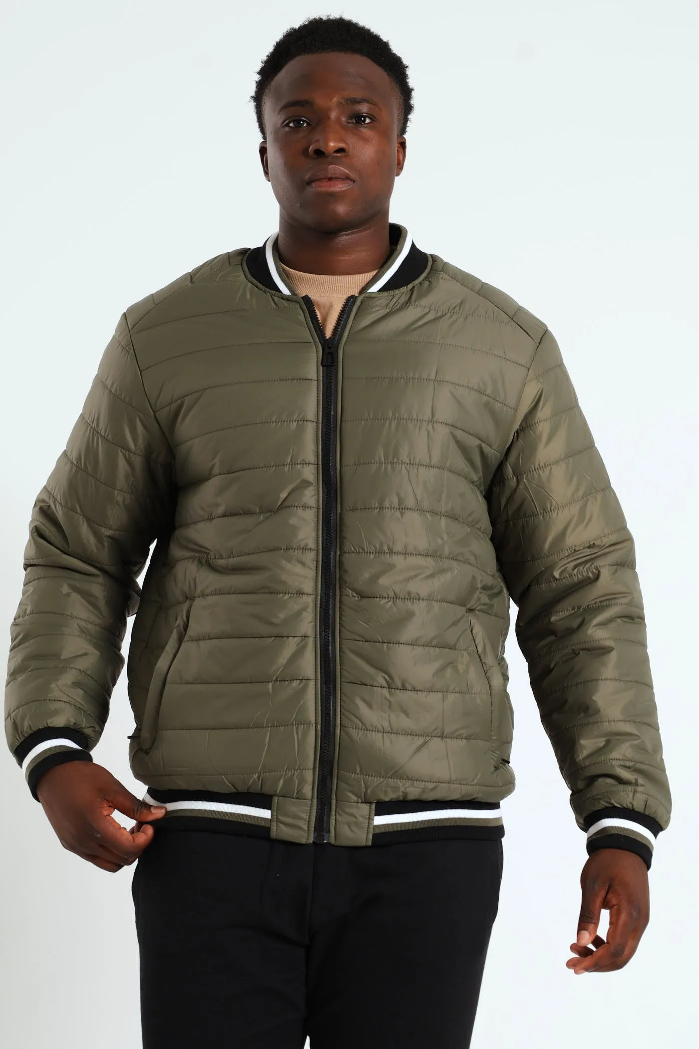 Quilted Tipped Sherpa Lined Bomber - Olive sold by Edgars