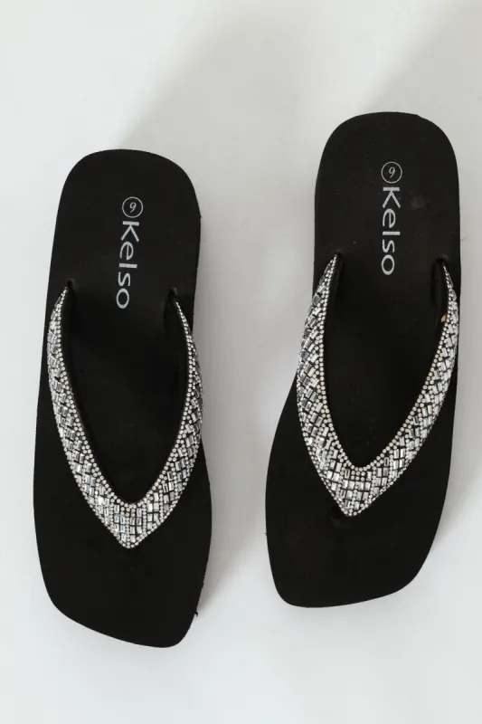 Diamante Puff Strap Thong Sandal - Black sold by Edgars 