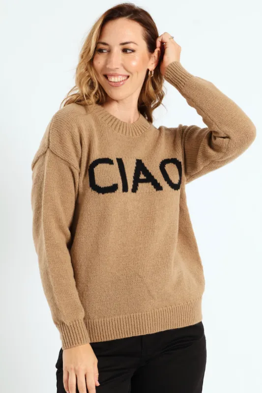Long Sleeve Ciao Slogan Sweater - Stone sold by Edgars