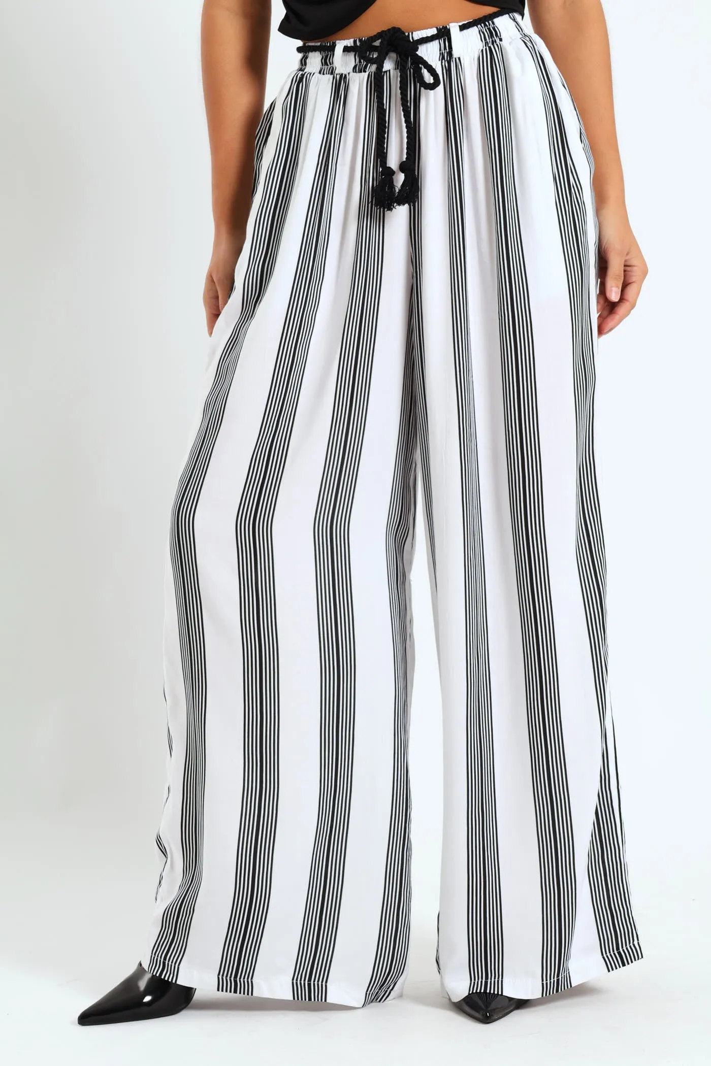 Braided Belt Striped Pants - Cream/Black sold by Edgars