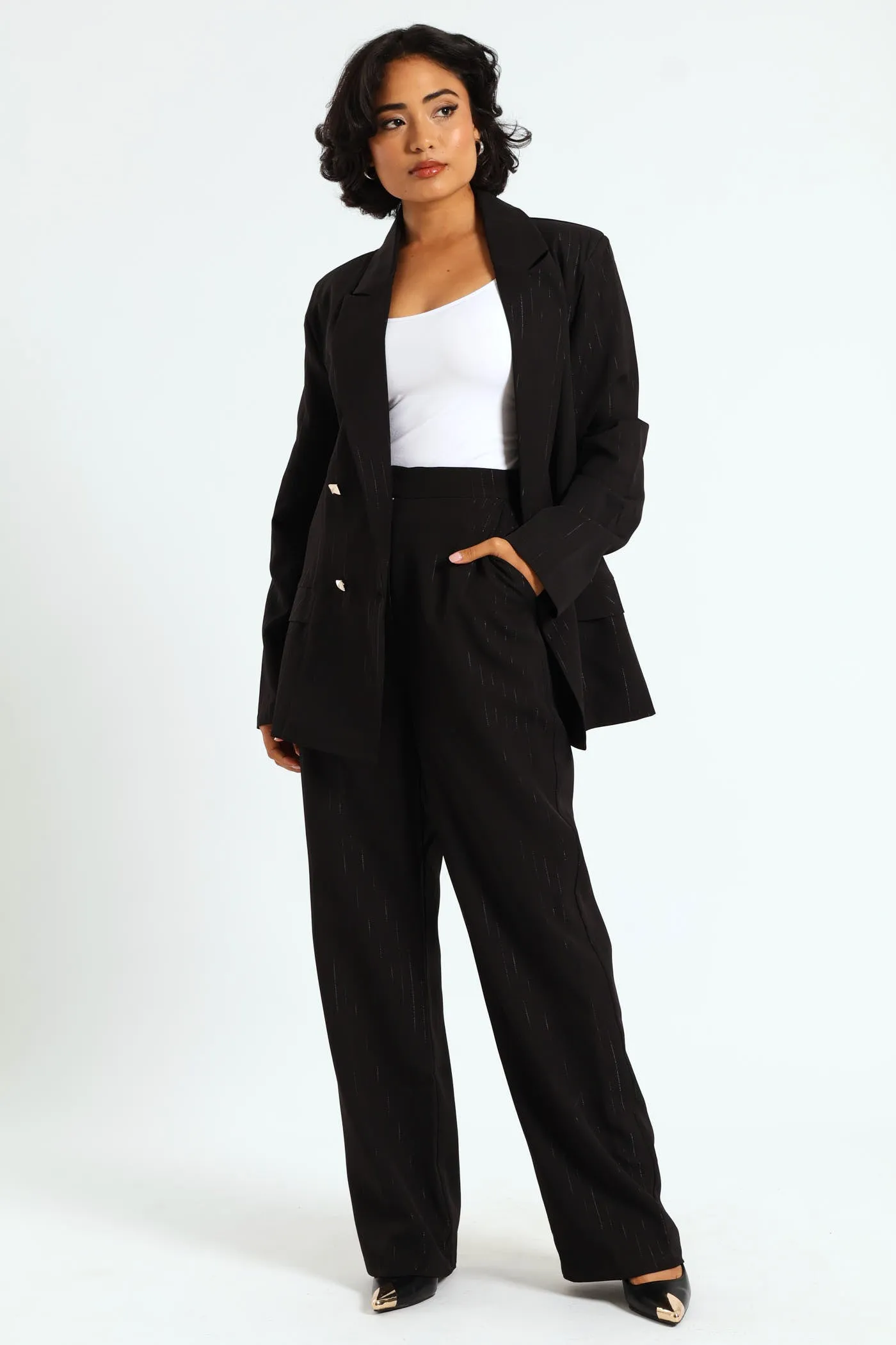 Lurex Stripe Straight Leg Pants - Black sold by Edgars