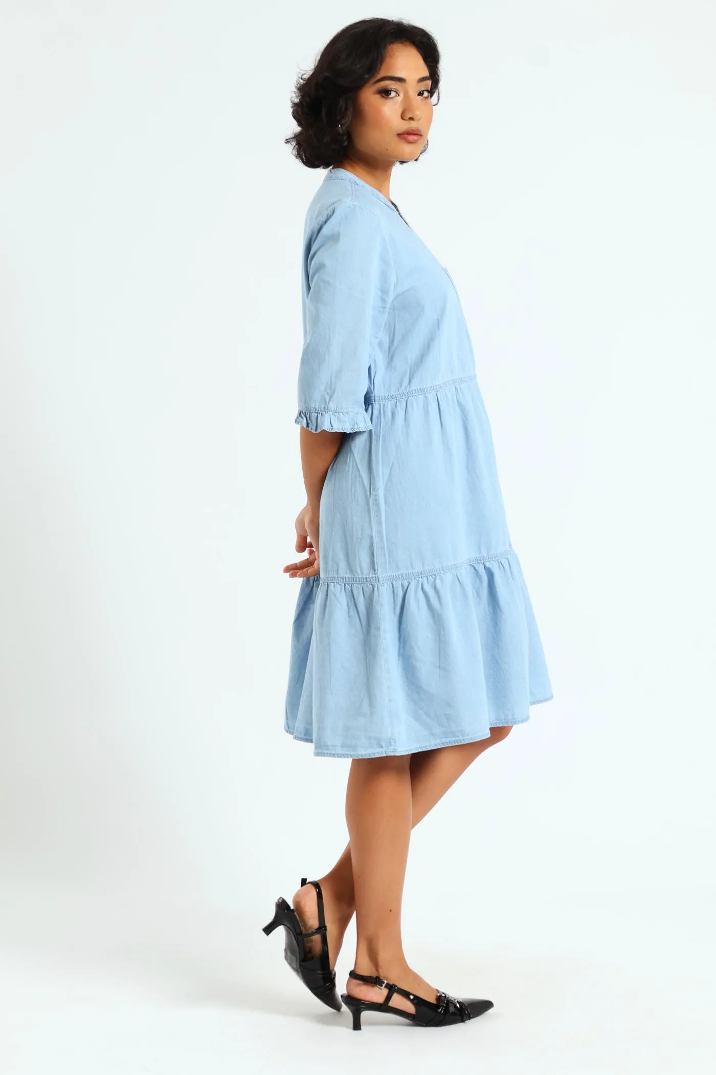 3/4 Sleeve Mandarin Collar Tiered Chambray Mini Dress - Mid Blue sold by Edgars product image thumbnail 3