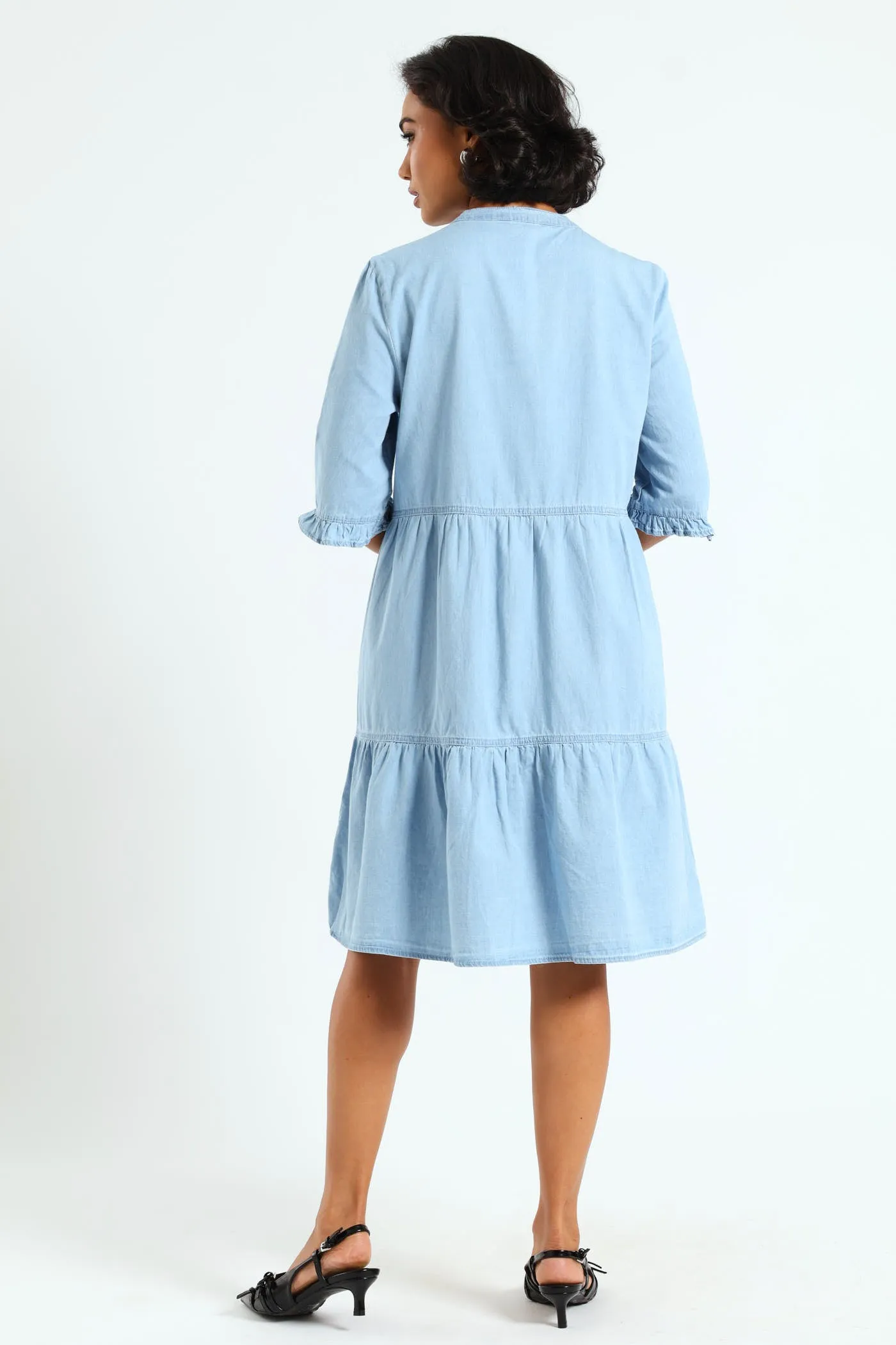 3/4 Sleeve Mandarin Collar Tiered Chambray Mini Dress - Mid Blue sold by Edgars product image thumbnail 4