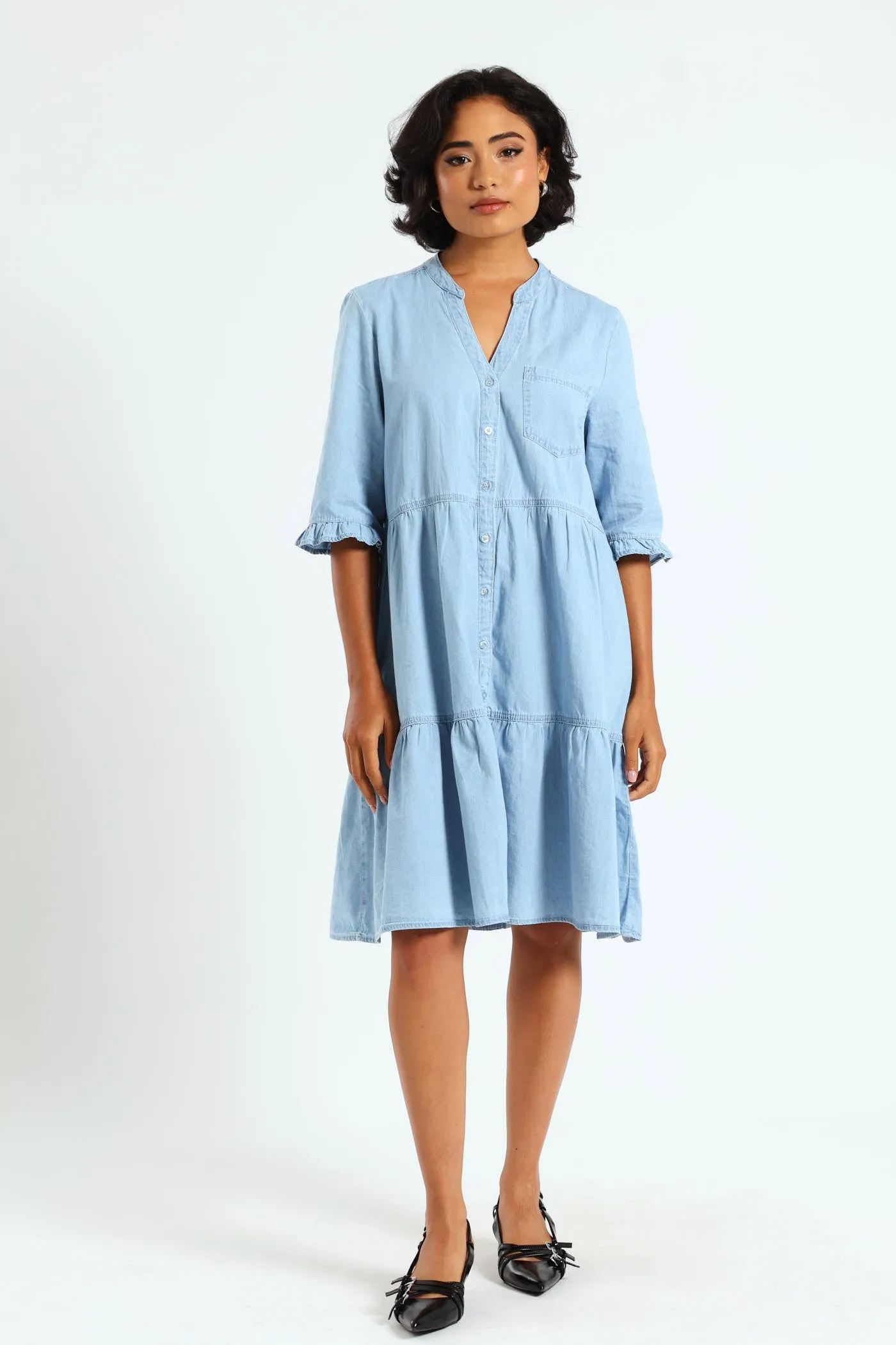 3/4 Sleeve Mandarin Collar Tiered Chambray Mini Dress - Mid Blue sold by Edgars