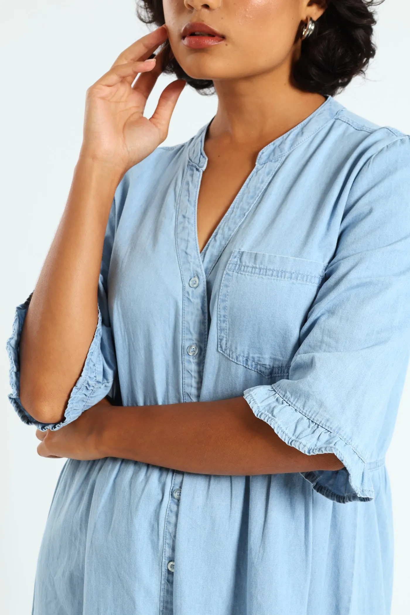 3/4 Sleeve Mandarin Collar Tiered Chambray Mini Dress - Mid Blue sold by Edgars product image thumbnail 2