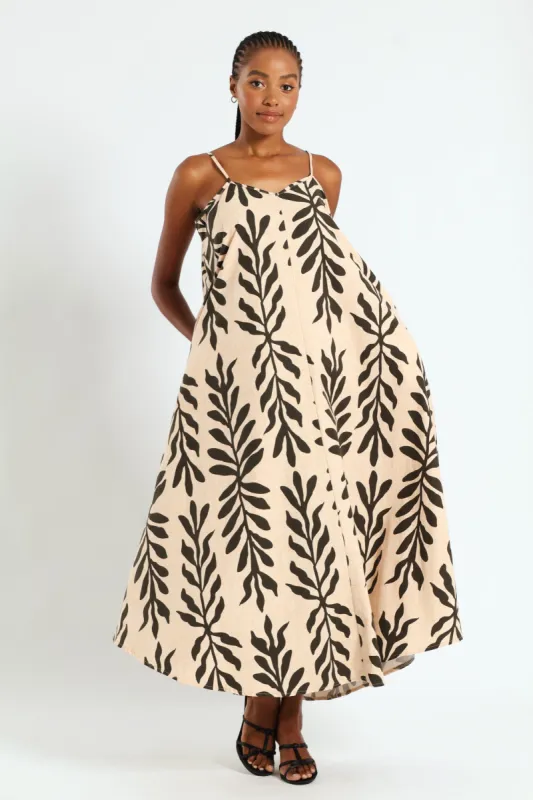 Strappy Double Drawstring Detail Frill Hem Midi Dress - Cream/Black sold by Edgars