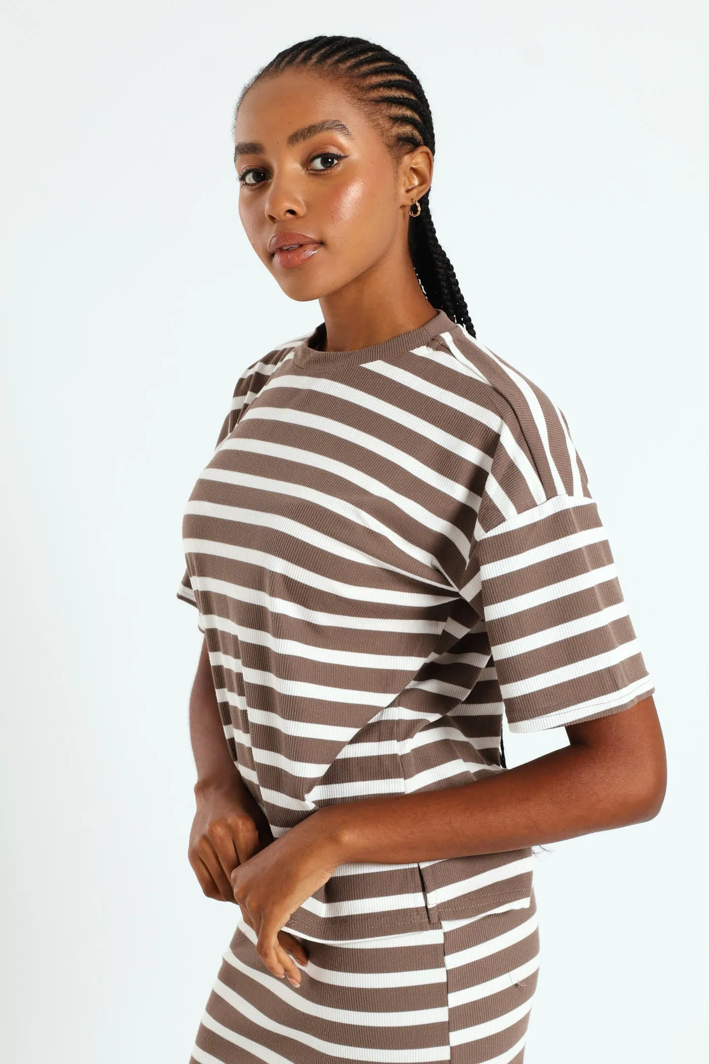 Oversized Striped Rib Boxy Tee - Beige/Mocha sold by Edgars product image thumbnail 4