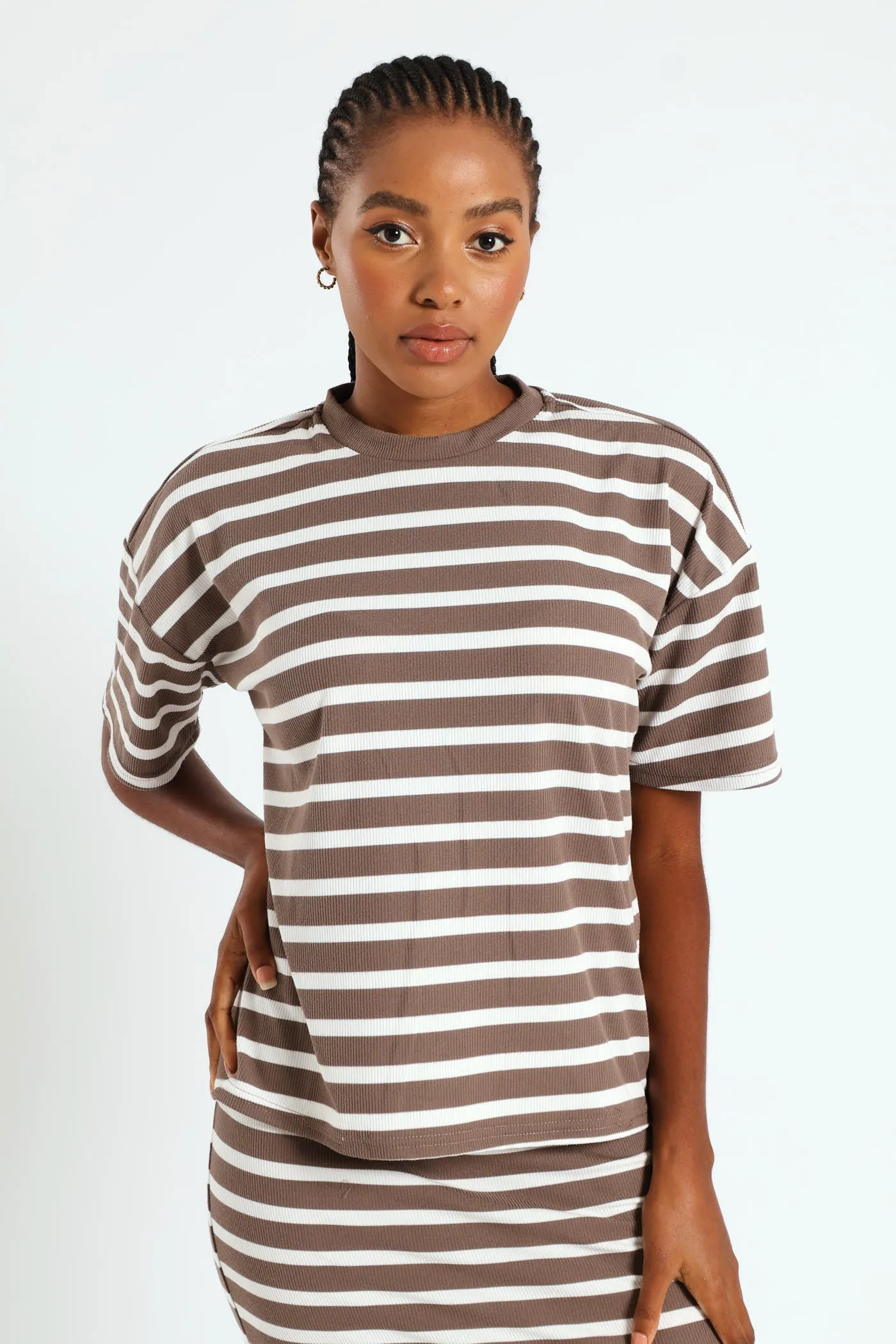Oversized Striped Rib Boxy Tee - Beige/Mocha sold by Edgars product image thumbnail 2