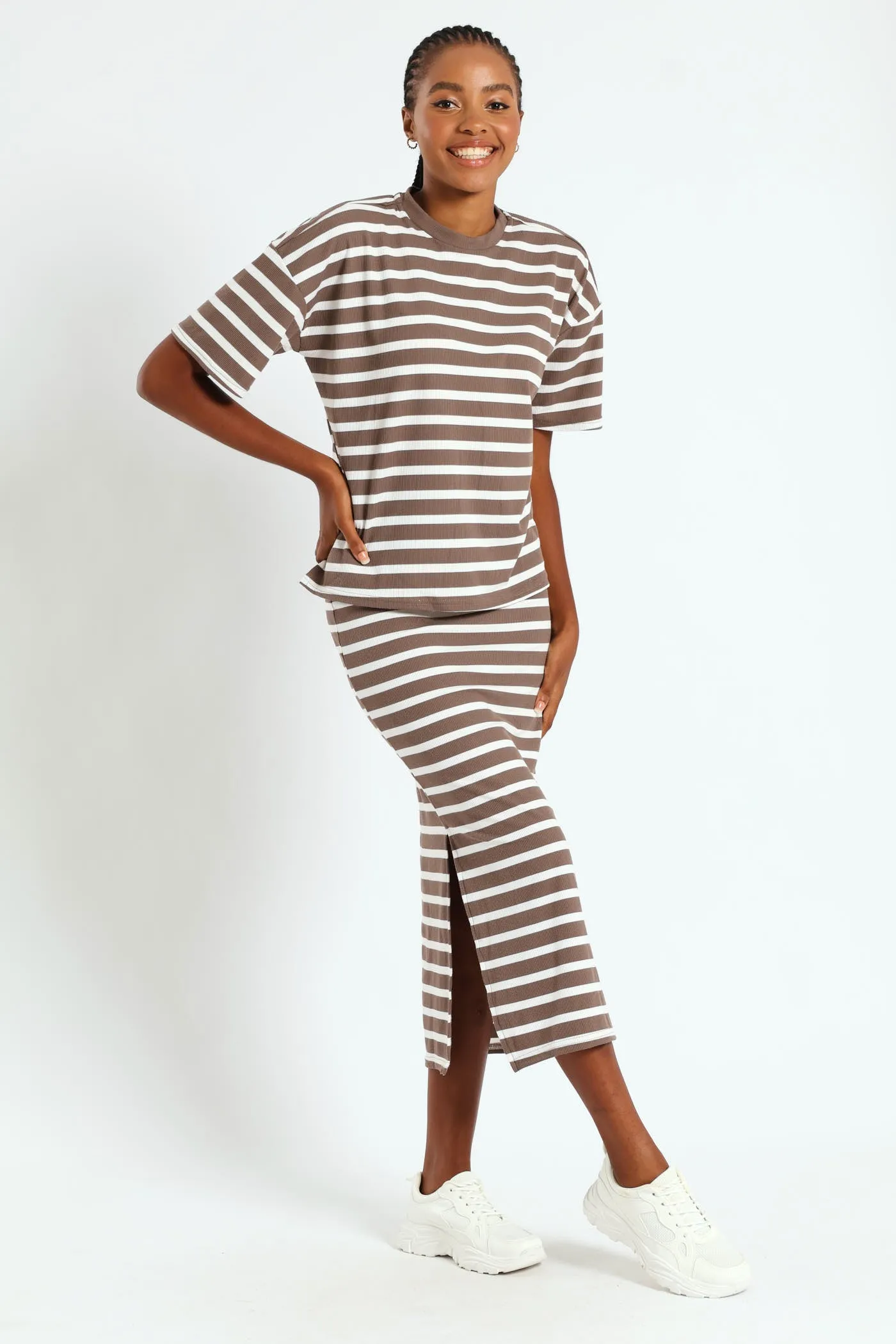 Oversized Striped Rib Boxy Tee - Beige/Mocha sold by Edgars