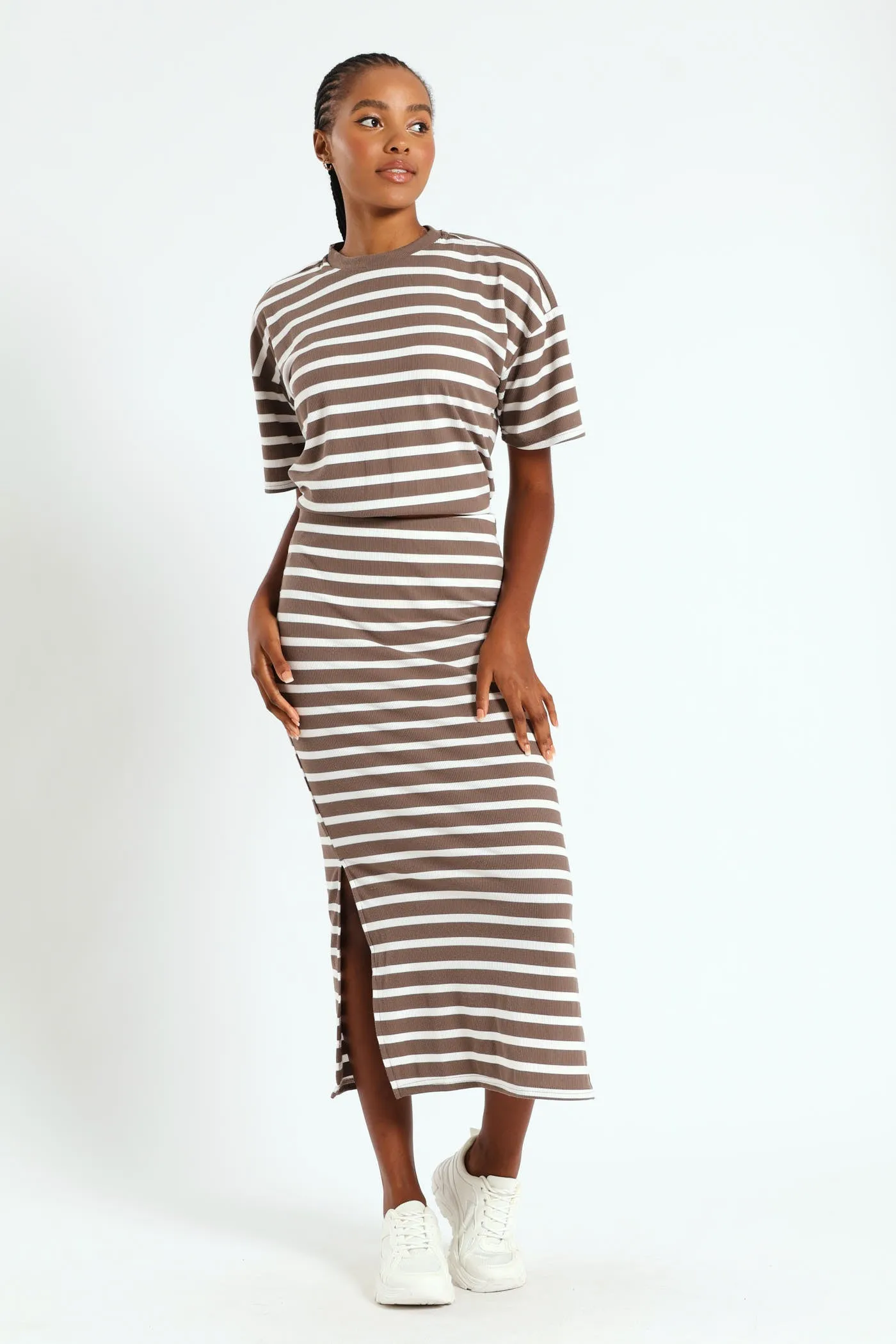 Pull On Ribbed Stripe Tube Midi Skirt - Beige/Mocha sold by Edgars