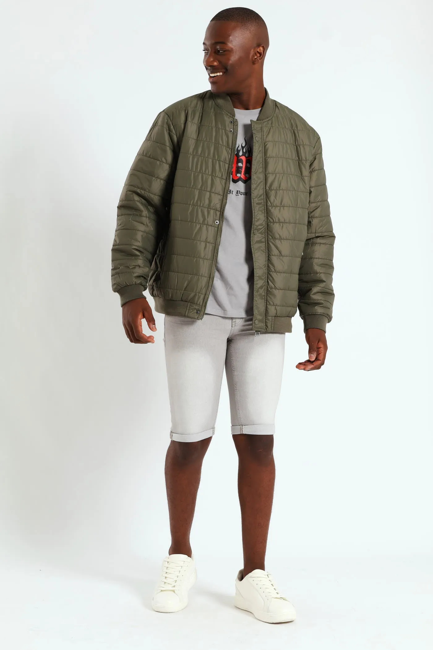 Quilted Press Stud Sherpa Lined Bomber - Olive sold by Edgars