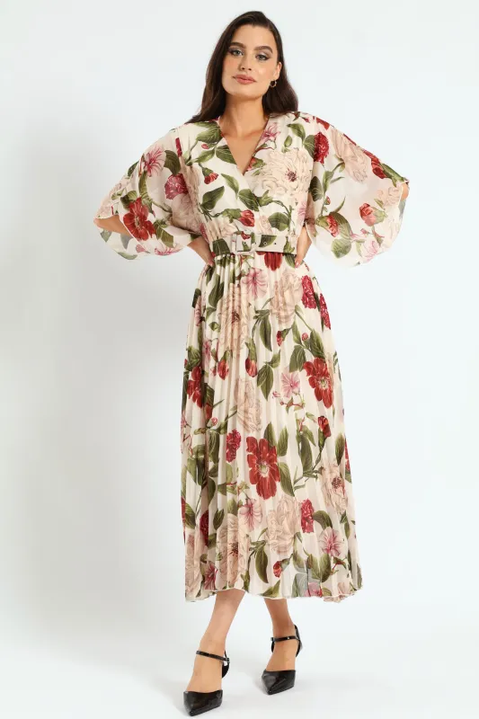 Wrap Flutter Sleeve Pleated Maxi Dress - Cream made by Edgars